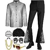 Mukum 8 Pcs Disco Outfit Men 70s Costume with Retro Sequin Shirt and 80s Bell Bottom Pants, Men's Disco Outfit for Halloween