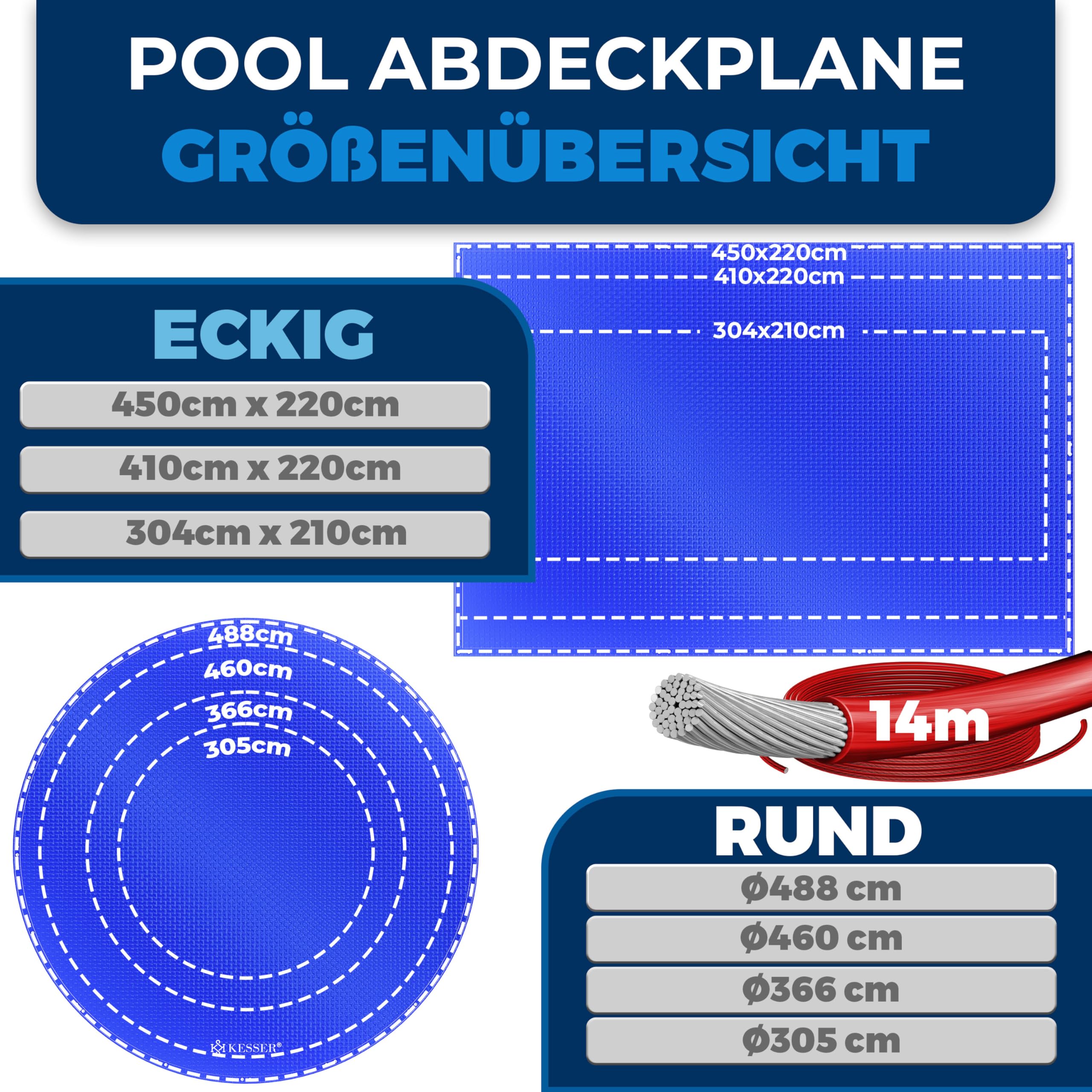 KESSER® Solar Poolabdeckung Pool Abdeckplane Rechteckig 304x210cm Poolplane 200g/m² PE Material Inkl. Stahlseil + Seilspanner mit Ösen Solarplane Abdeckung UV-resistent, Wetterfest für Sommer & Winter 7