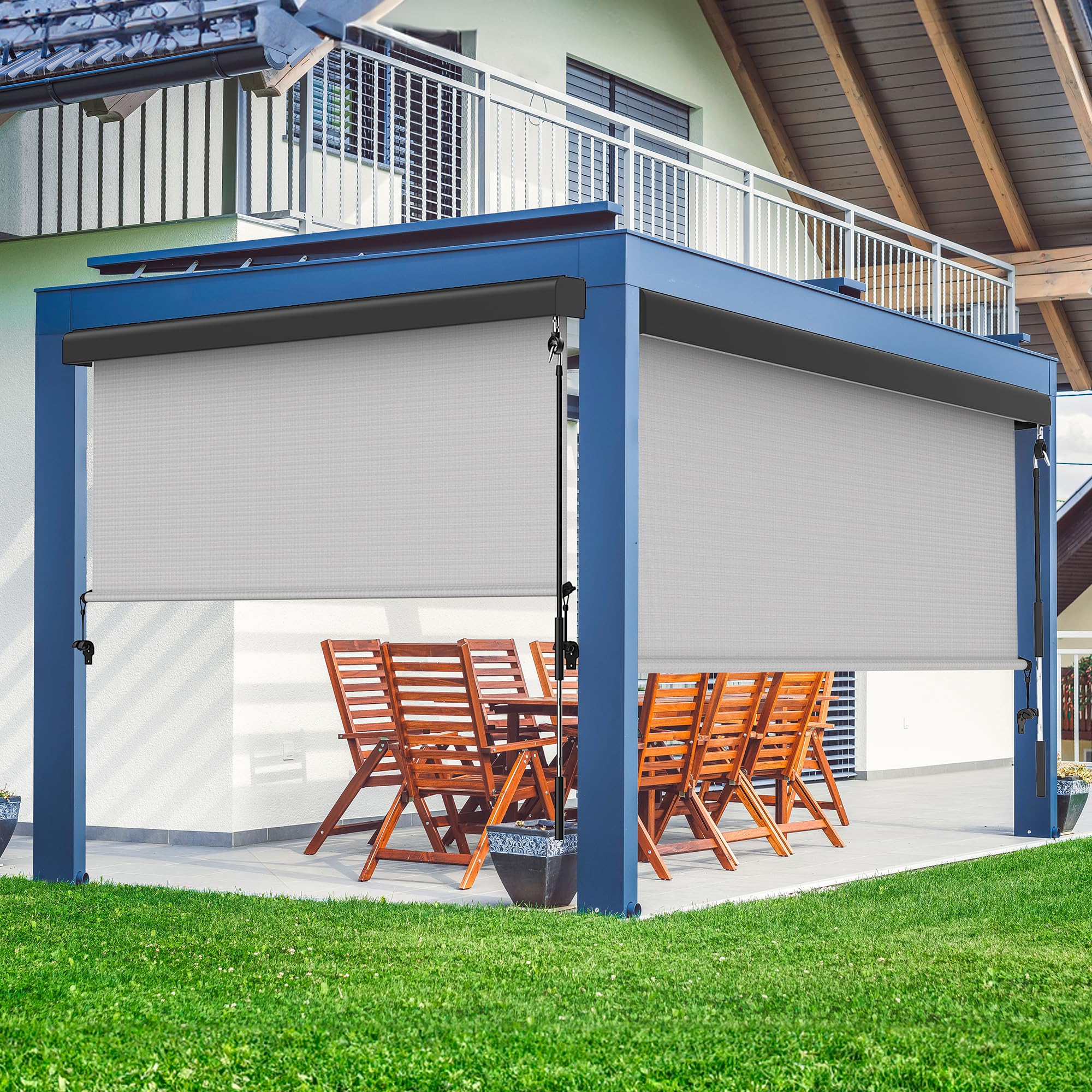 Photo 1 of Outdoor Roller Shade for Patio with Aluminum Valance, (8'W X 8'H) 420GSM New Material Patio Blinds with 95% UV Blockout, Outdoor Blinds with Crank Handle for Shading, Privacy Protection, Gray