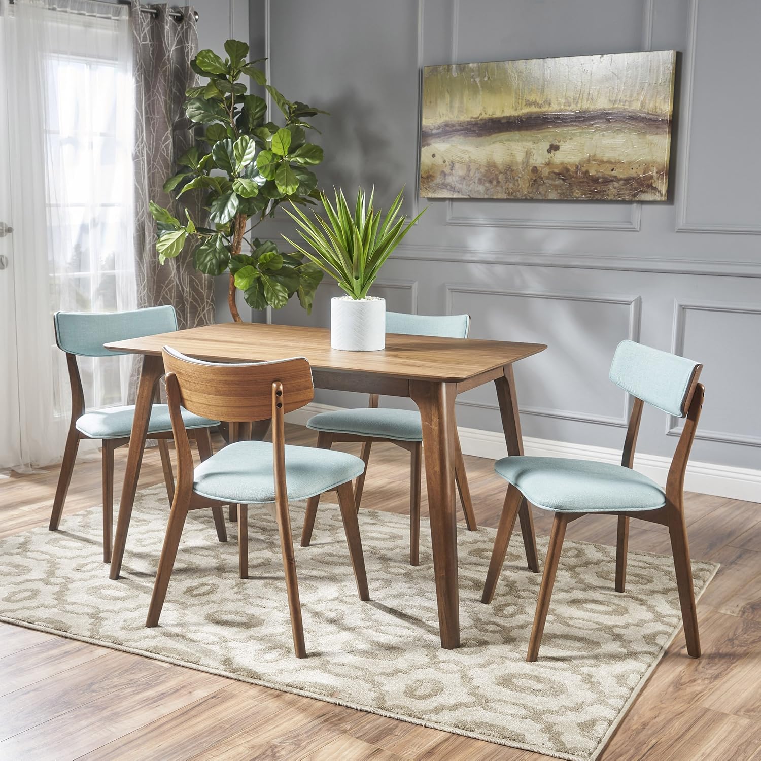 Christopher Knight Home Meanda Mid Century Finished 5 Piece Wood Dining Set Fabric Chairs, Natural Walnut/Mint