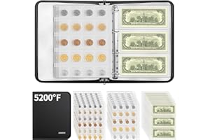 JUNDUN 5200℉ Coin Collection Book ，300 Pockets Fireproof Coin Albums for Collectors & 36 Sleeves Paper Money Binder Holder with Aluminum Foil Lining for Coin, Currency,Bill,Quarter and Stamp