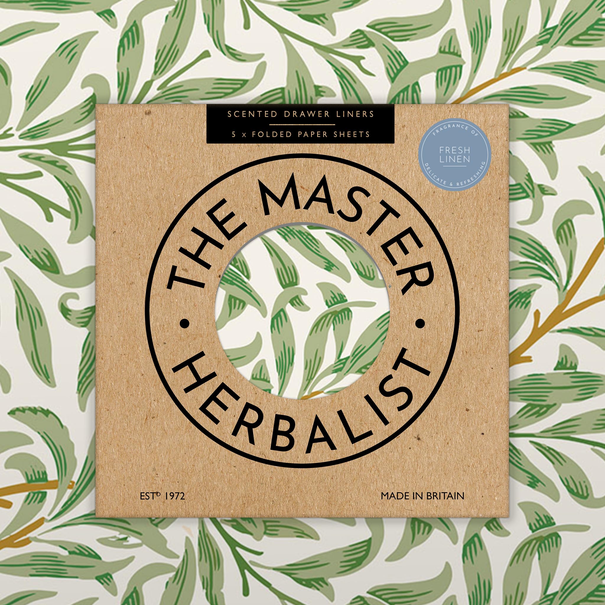 The Master Herbalist Fragrant Fresh Linen Scented Drawer Liners in a William Morris Design (Folded) | Pack of 5 Sheets (60cm x 42cm) | Contains Essential Oils | Made in The UK