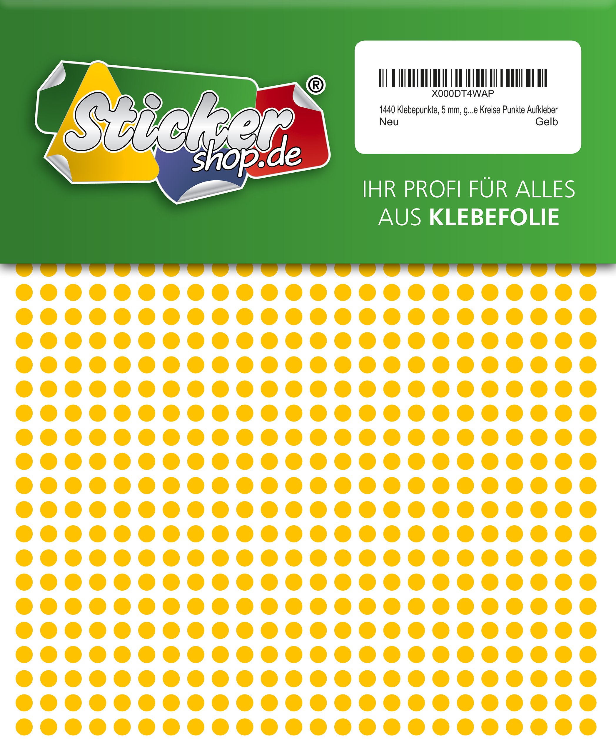 1440 Adhesive Coding Dots / Circles, 5 mm, Yellow, Made of Polyvinyl Chloride (PVC) Film, Weatherproof, Stickers