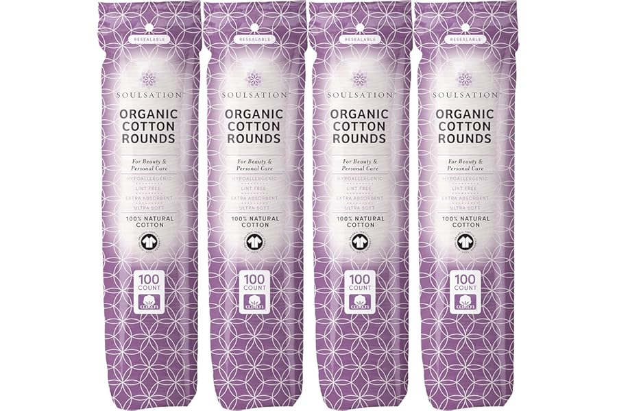 SoulSation Organic Cotton Rounds, 400 Count – Makeup Remover Pads for Face, Lint-Free