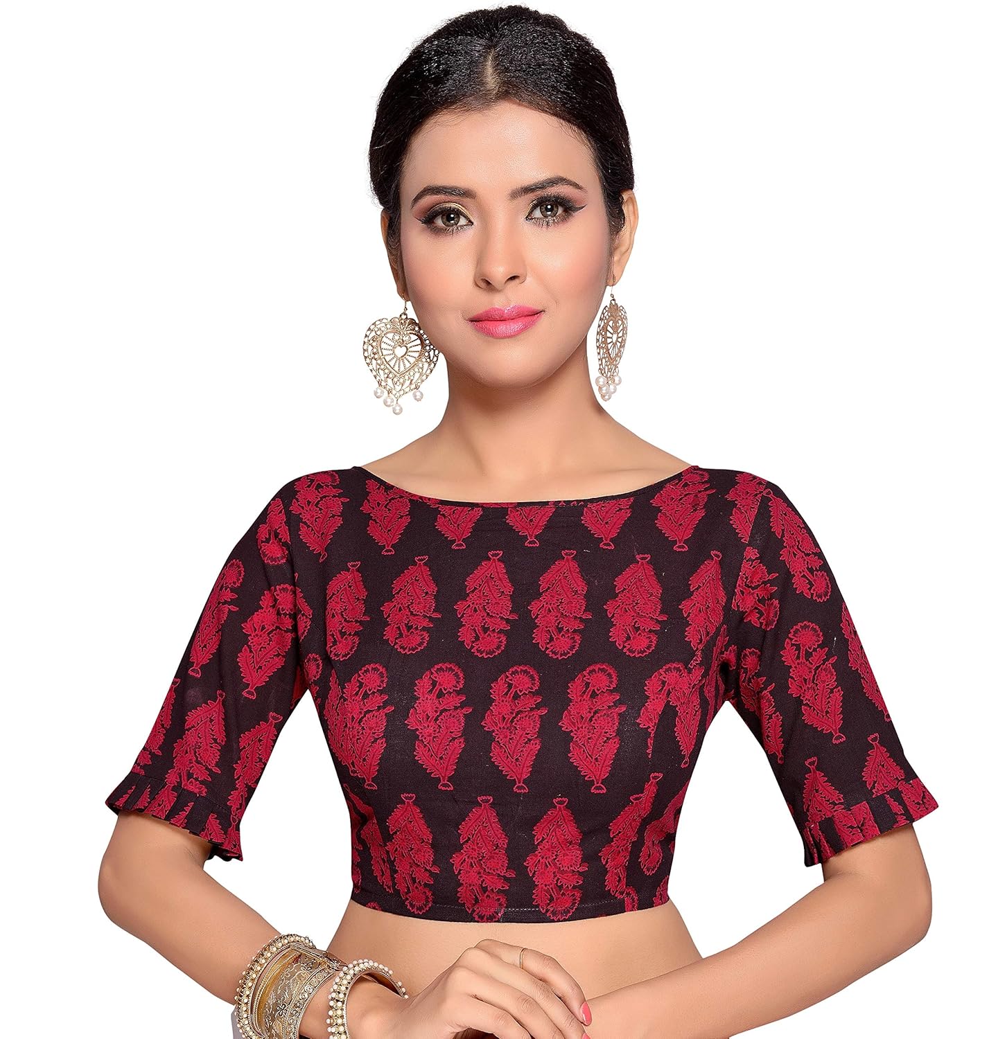 studio shringaar women's red ajrak print pure cotton stitched saree blouse with frilled sleeves