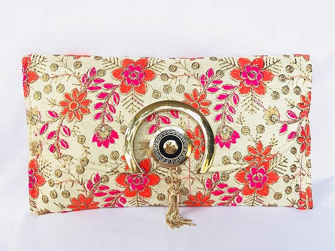 meenakshi handicraft emporium Flower Printed Hand Embroidered Multi Bag Womens Clutch (Golden)