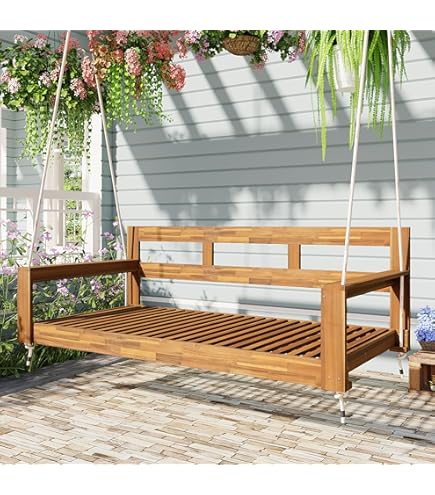 Patio Wooden Swing Chair, Hanging Porch Swing Bench With