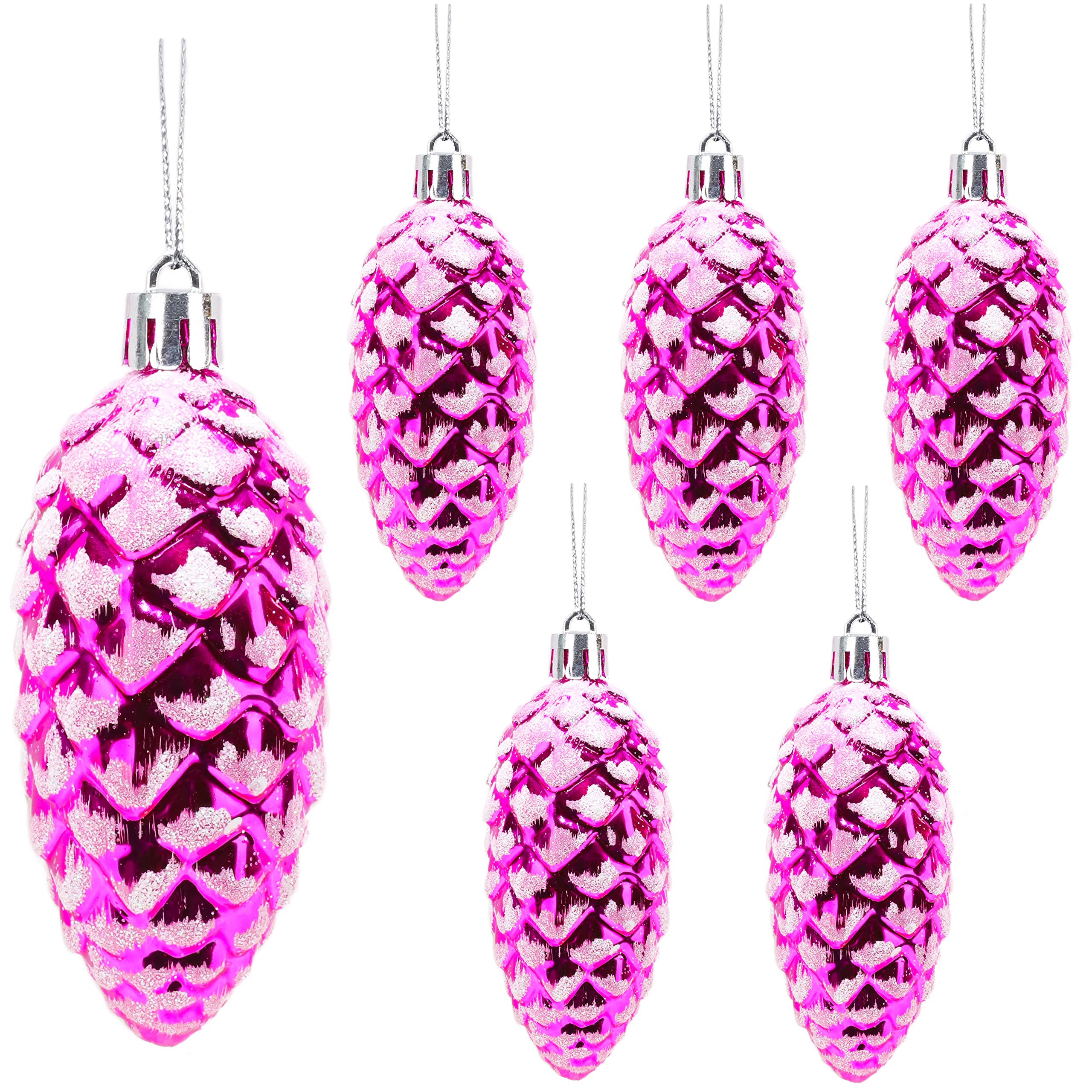 Christmas Concepts® Pack of 6–90mm Shiny & Glitter Decorated Pine Cone Baubles – Christmas Tree Decorations (Hot Pink)