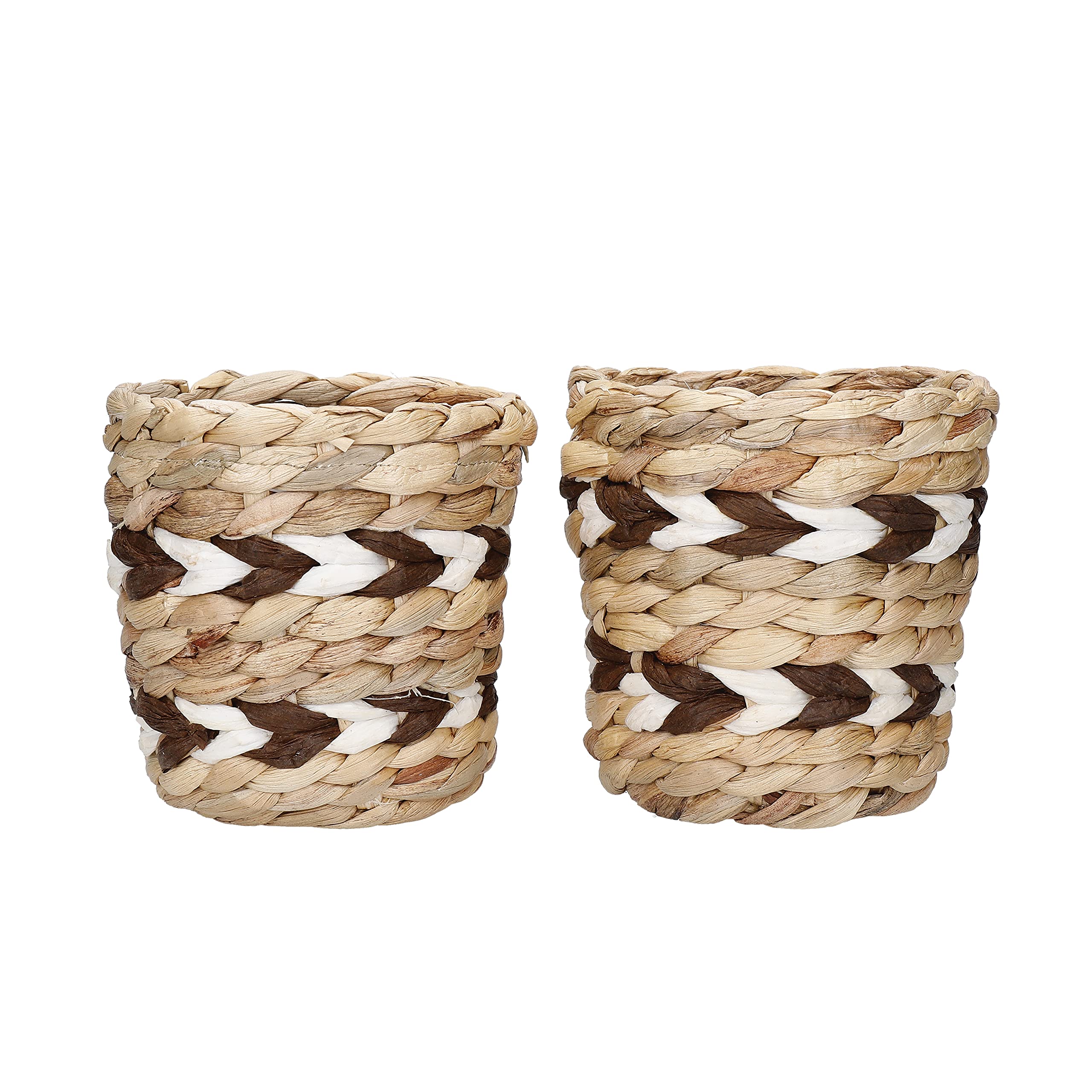 KitchenCraft Water Hyacinth Planters, Set of 2 Indoor Plant Pots, Natural Woven Planter with Striped Design, 11.5 x 11.5 x 11cm