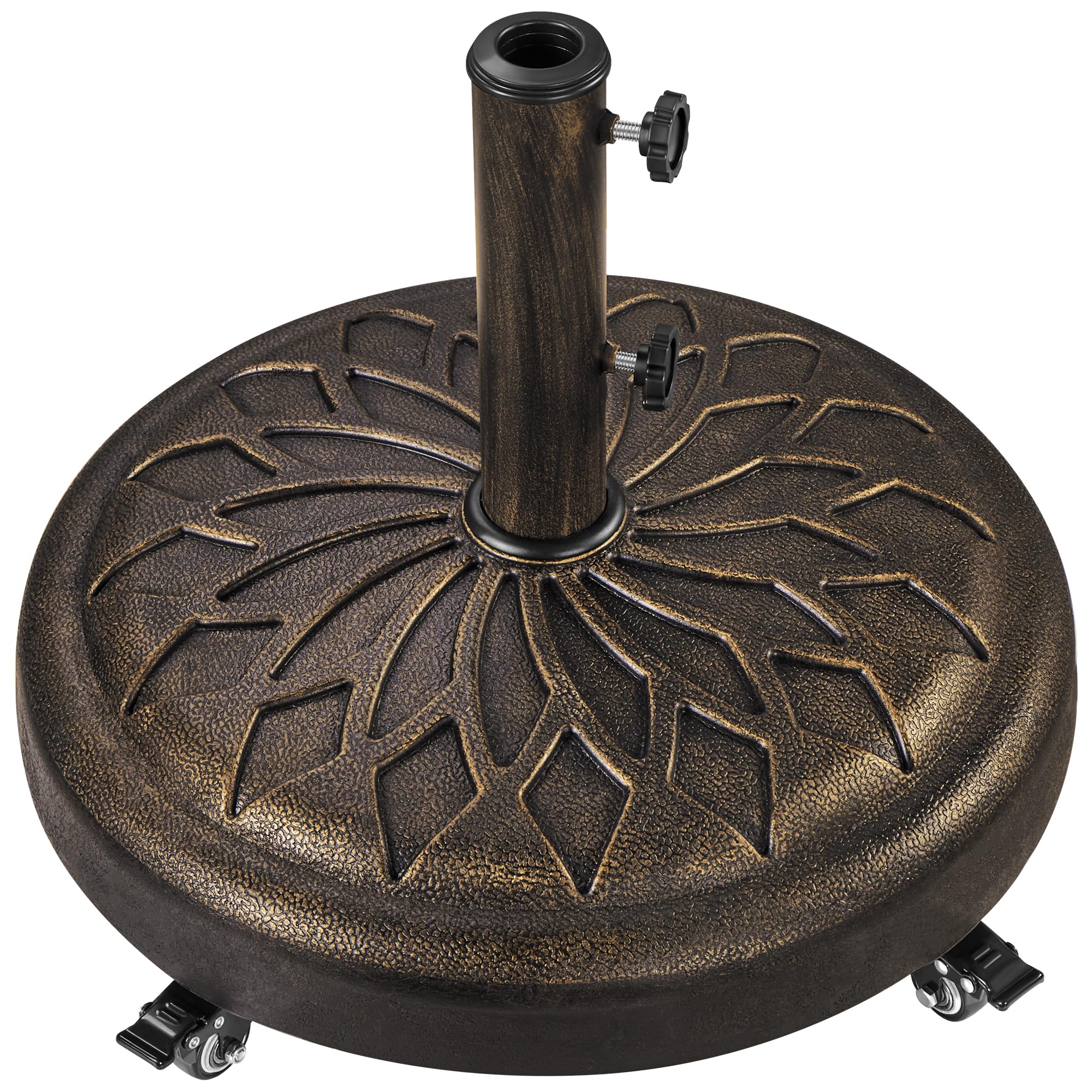 Photo 1 of ***MAJOR DAMAGE*** ***SELLING FOR PART*** ***READ CLERK NOTES*** Yaheetech 55lbs Heavy Duty Round Umbrella Base with 4 Lockable Rolling Wheels & 2 knobs, Outdoor Antiqued Umbrella Stand, 20” Market Patio Umbrella Base for Garden, Yard, Lawn Bronze