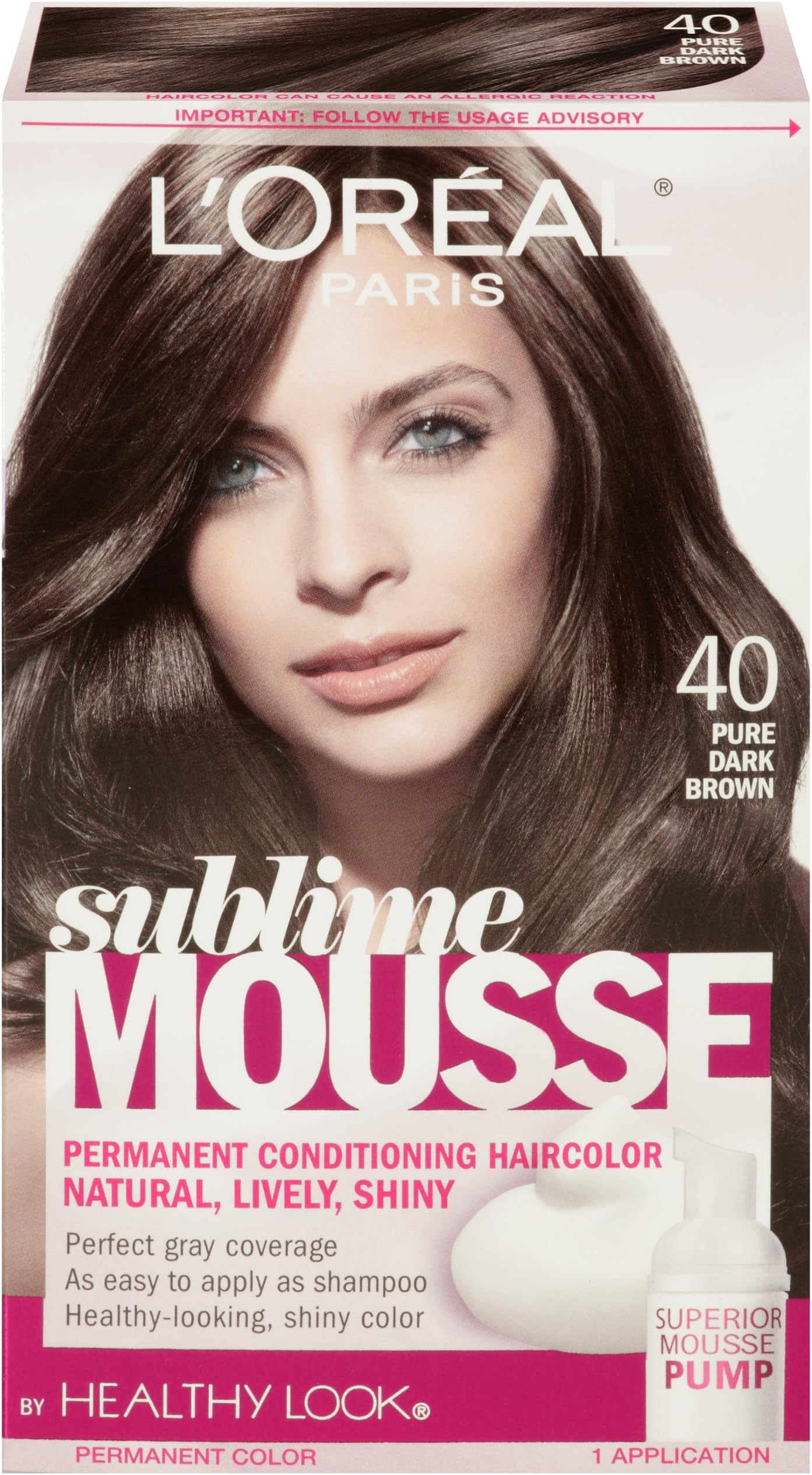 L'Oreal Paris Sublime Mousse by Healthy Look Hair Color, 40 Pure Dark Brown