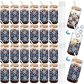 Yetene 24 Pack Snowflake Glass Cups Gifts 16 oz Color Changing Winter Glass Tumblers with Lids Straws Brushes Snowflake Lights Iced Coffee Cups for Women Men Employee Coworkers Holiday Party Favors