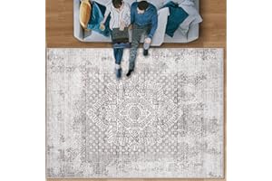 ZOMFY Area Rug 8x10 Vintage Rug: Large Washable Indoor Medallion Rug Low Pile Distressed Floor Carpet Retro Accent Rug for Living Room Bedroom Kitchen Dining Table Home Office(Retro Grey, 8'x10')