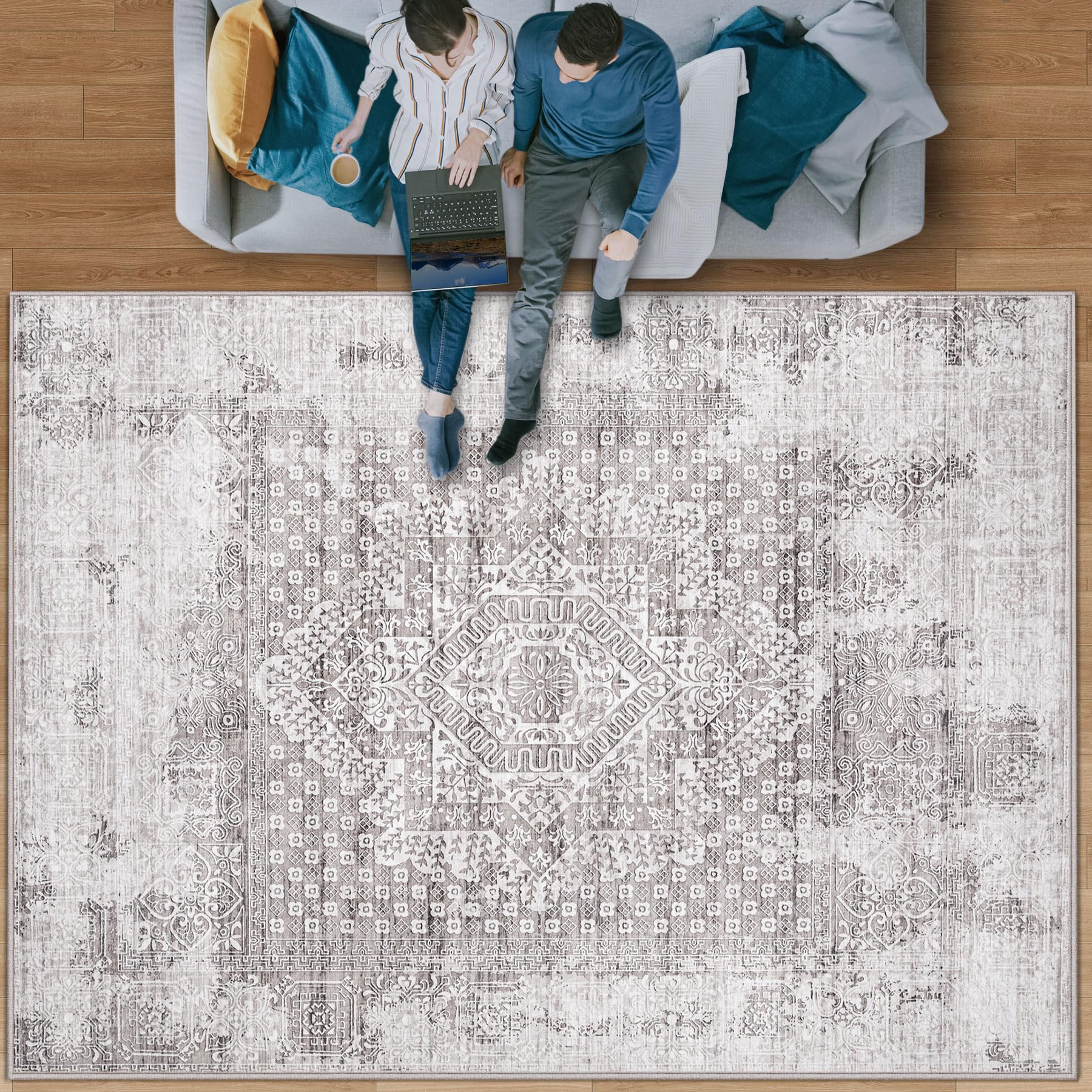 Area Rug 8x10 Vintage Rug: Large Washable Indoor