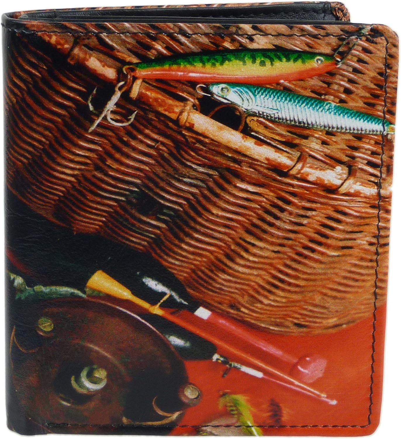 Golunski Mens Leather Fishing Tri-Fold Wallet by Retro Gift Box Anglers Fish Hook Rod, Black