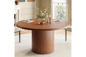ONBRILL 47 inch Round Dining Table for 4, Circle Kitchen Table with Wood Strip Base, Modern Farmhouse Dinner Tables for Kitchen, Living Room (Walnut)