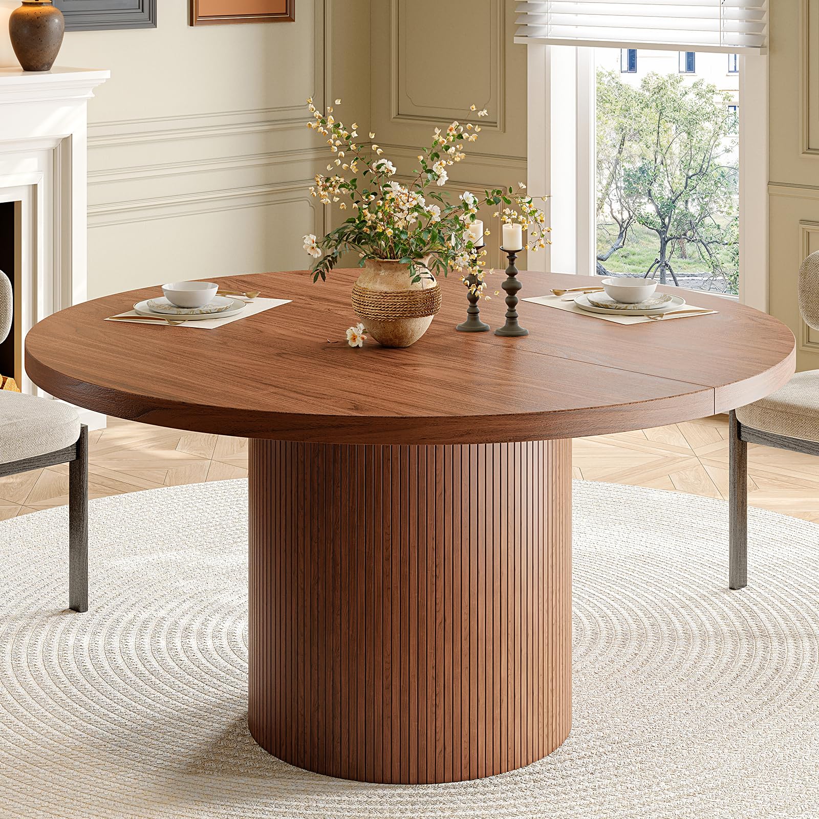 Photo 1 of ***STOCK PHOTO FOR REFERENCE ONLY***47 inch Round Dining Table for 4, Circle Kitchen Table with Wood Strip Base, Modern Farmhouse Dinner Tables for Kitchen, Living Room (Walnut)