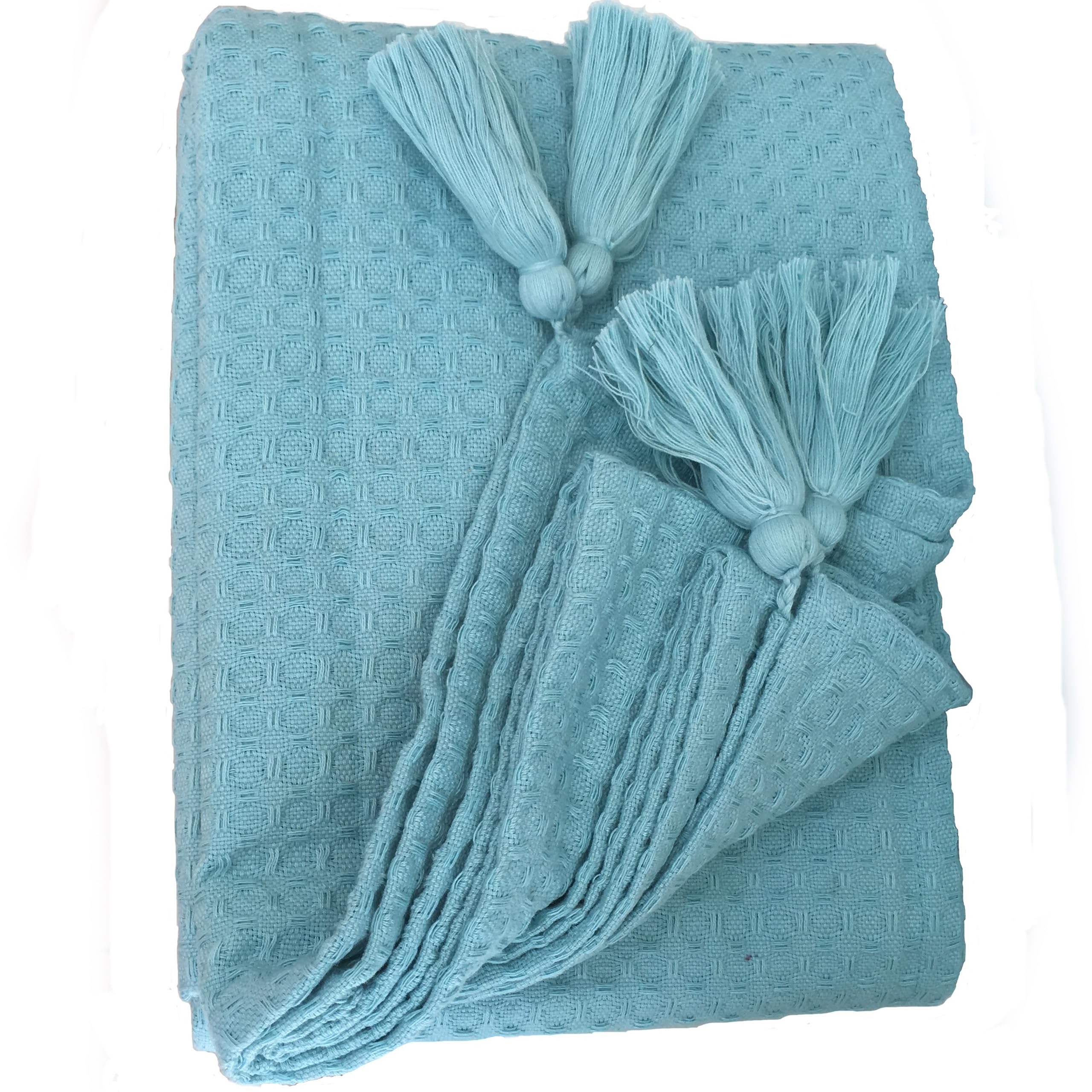 Ragged Rose 140 cm x 180 cm Waffle Throw - Versatile Indoor & Outdoor Throw Waffle Weave Cotton with Corner Tassles - Cotton Throws for Sofa & Bed (Duckegg blue) — image 1