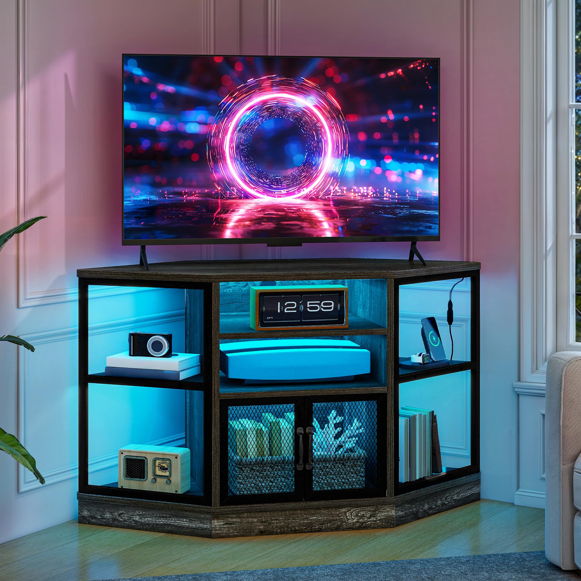 Photo 1 of ***MAJOR DAMAGE - INCOMPLETE - SEE PICTURES***
YITAHOME Corner TV Stand Dark Grey Oak, Corner Entertainment Center, TV Cabinet with LED Light and Power Outlet, Modern Media Console, TV Console for Living Room Bedroom