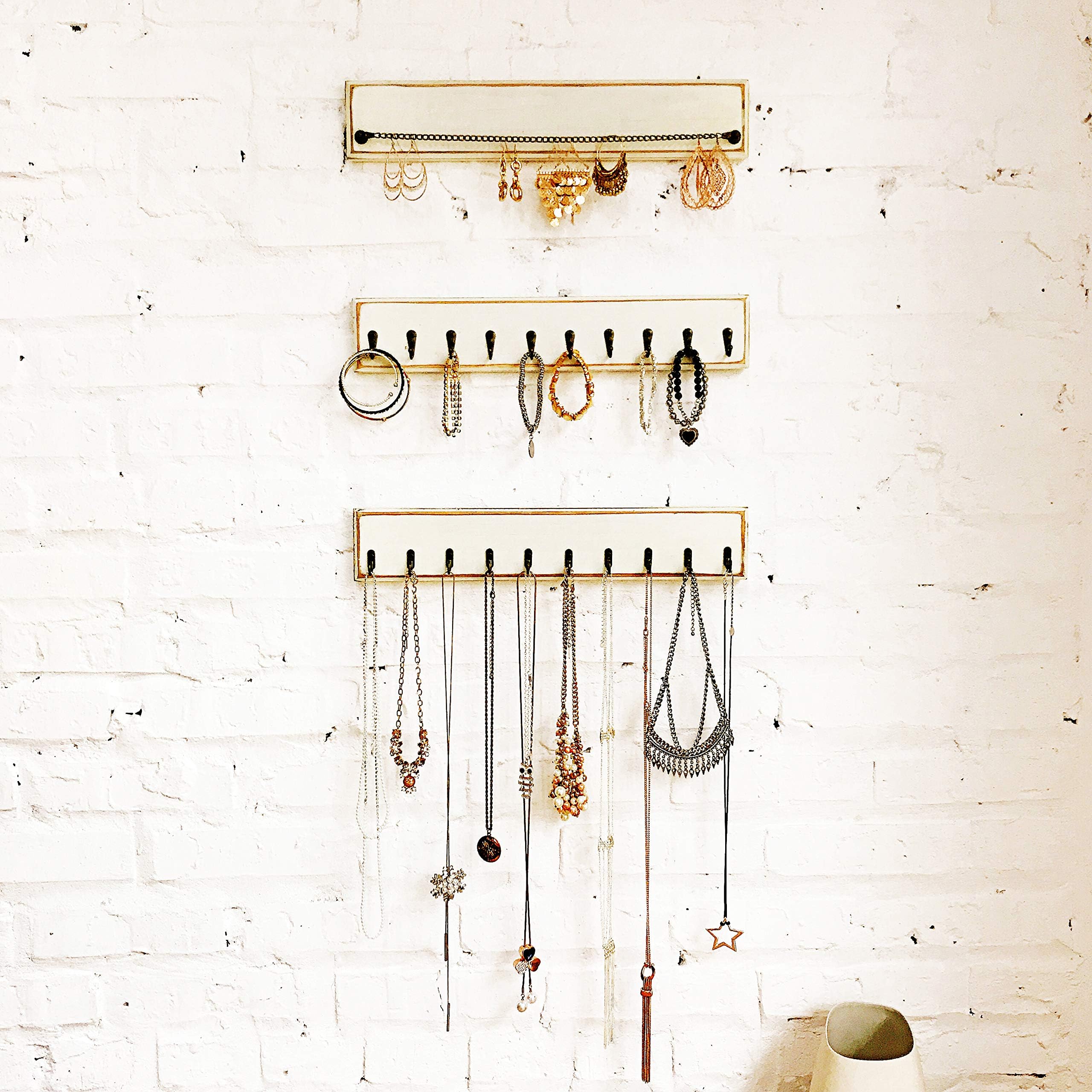 Jewelry Organizer Wall Mounted - Perfect Holder for Necklaces, Earrings, Bracelets, Glasses and Jewelry Accessories - Rustic White Holder Display - Set of 3 - 17"