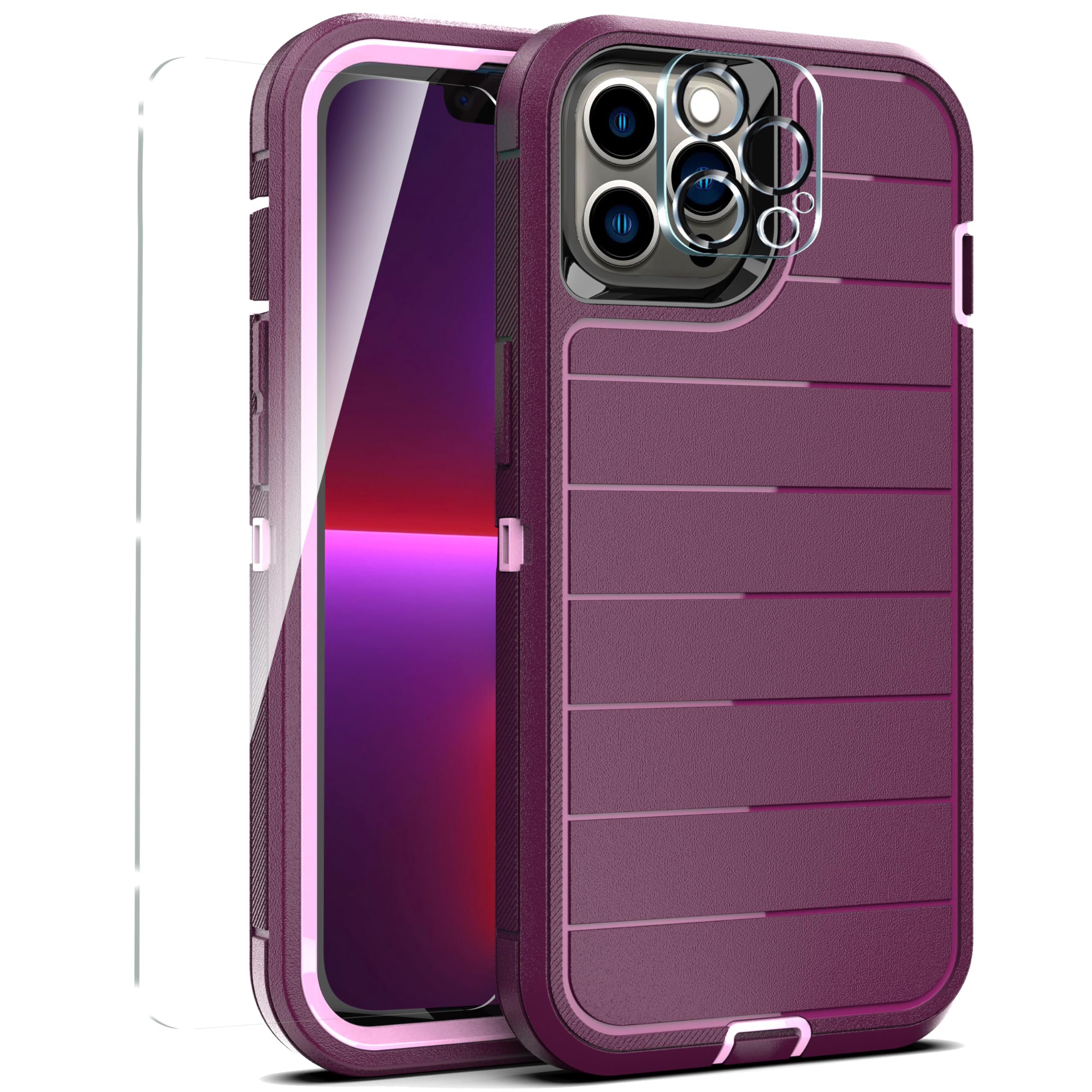 for iPhone 13 Pro Case [1 set of tempered glass film and camera lens tempered film] Drop Proof 3-Layer Durable Cover/Shockproof Solid Rubber stripe Case for iPhone 13 Pro 6.1"-Wine Red / Rose Pink