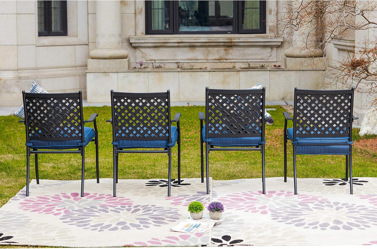 LOKATSE HOME 4 Piece Outdoor Patio Metal Wrought Iron Dining Chair Set with Arms and Seat Cushions - Blue : Garden & Outdoor