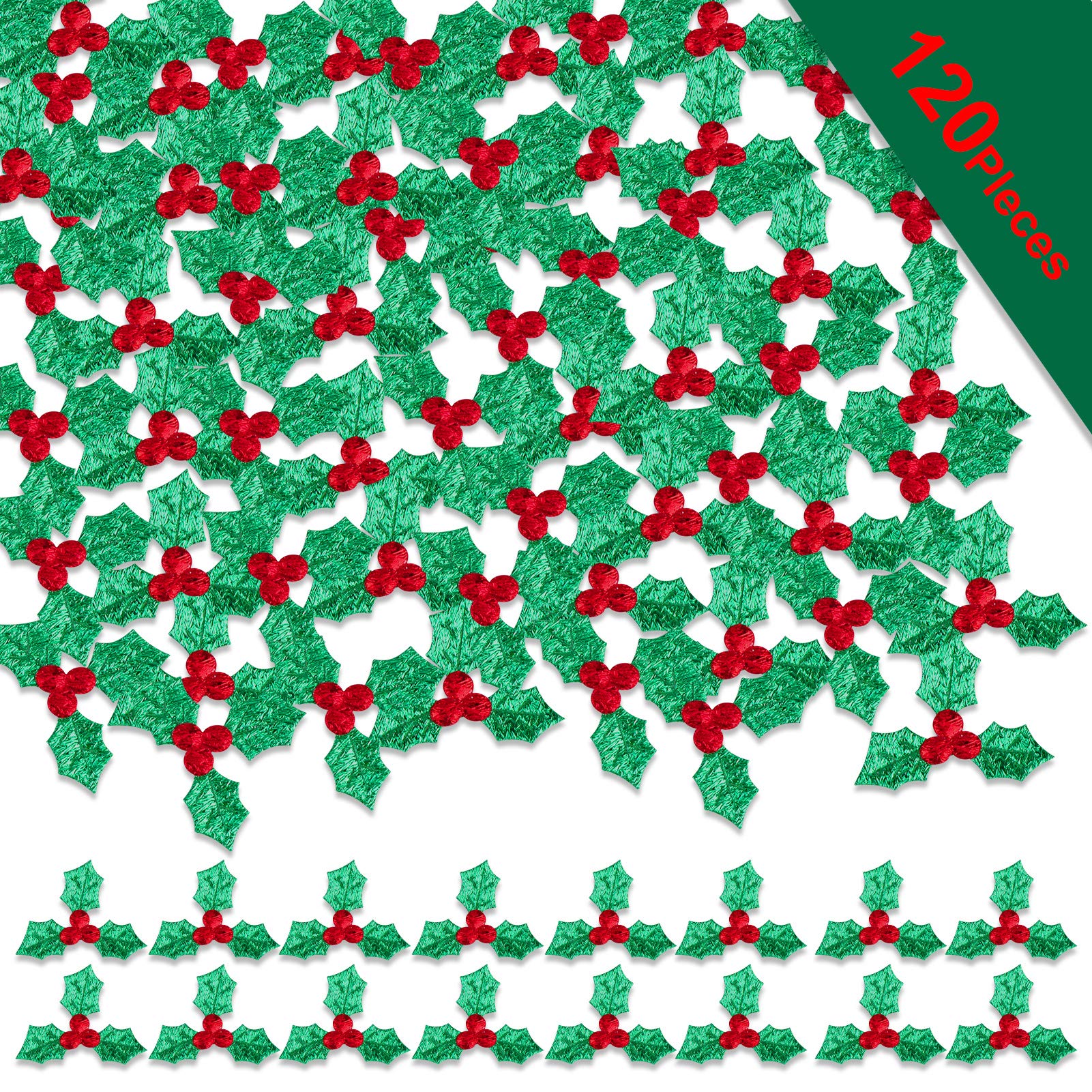 HOWAF 120 Pieces Christmas Holly and Berry Embellishments, Mini Craft Berry Greens Leaf Sequins, Fabric Leaf Confetti for Party Decorations