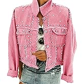 Omoone Women's Long Sleeve Rivet Studded Denim Jacket Casual Washed Short Jean Coat Western Outfits