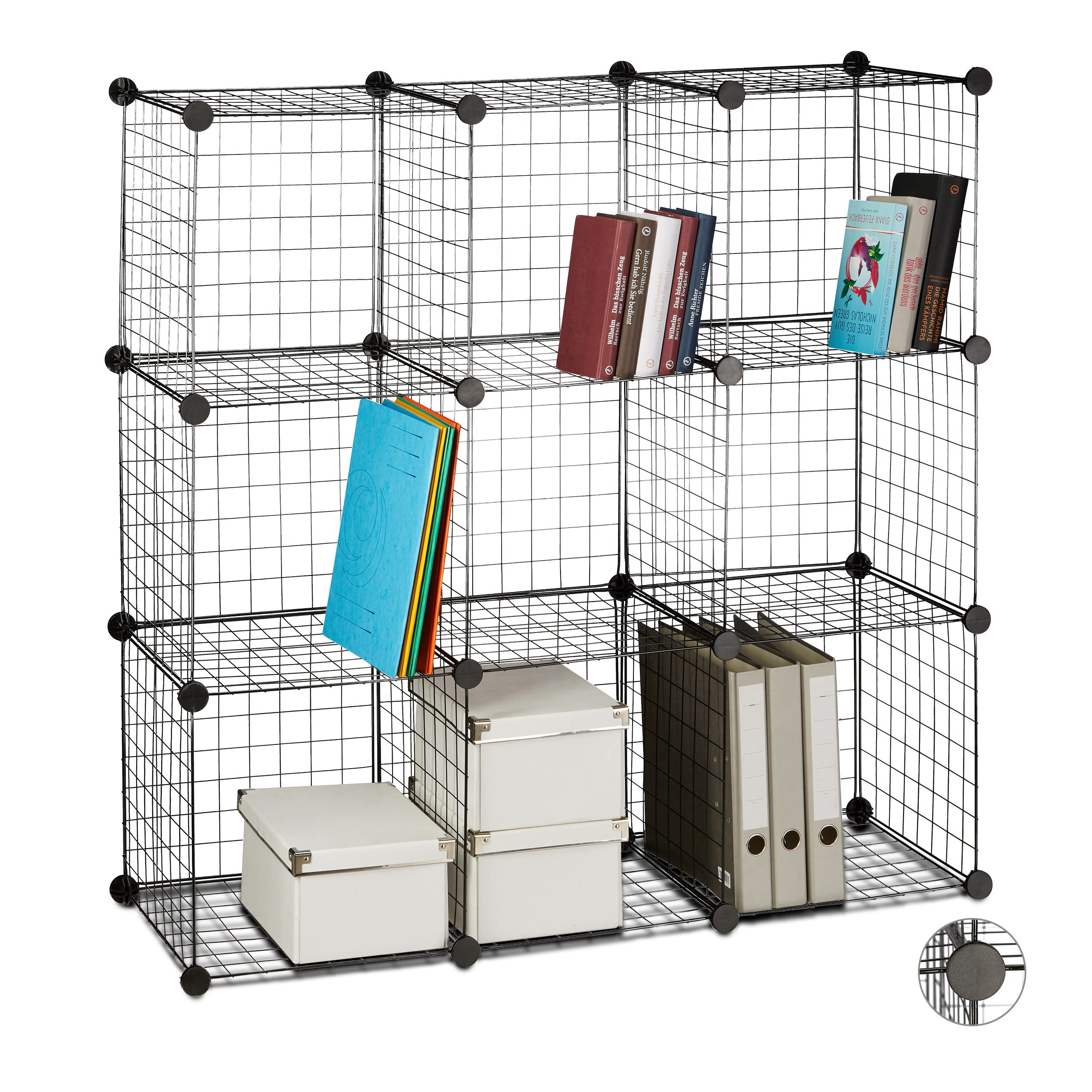 Relaxdays Modular Grid Shelf, 9 Compartments, DIY Shelving System, Metal, Open Cube Rack, 35 x 35 cm, Black