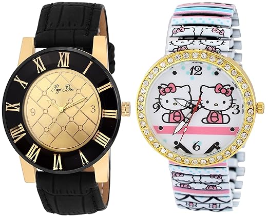 Pappi Boss High End Collection GOLDEN DESIRE Leather Analog Wrist Watch for Boys, Men & Cute Teddy Stretchable Bracelet Band Wrist Watch for Girls, Women - Couple Combo