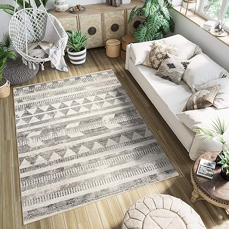 Amazon De Tapiso Ethno Teppich Kurzflor Modern Kelim Kilim Figuren Dreiecke Design Creme Grau