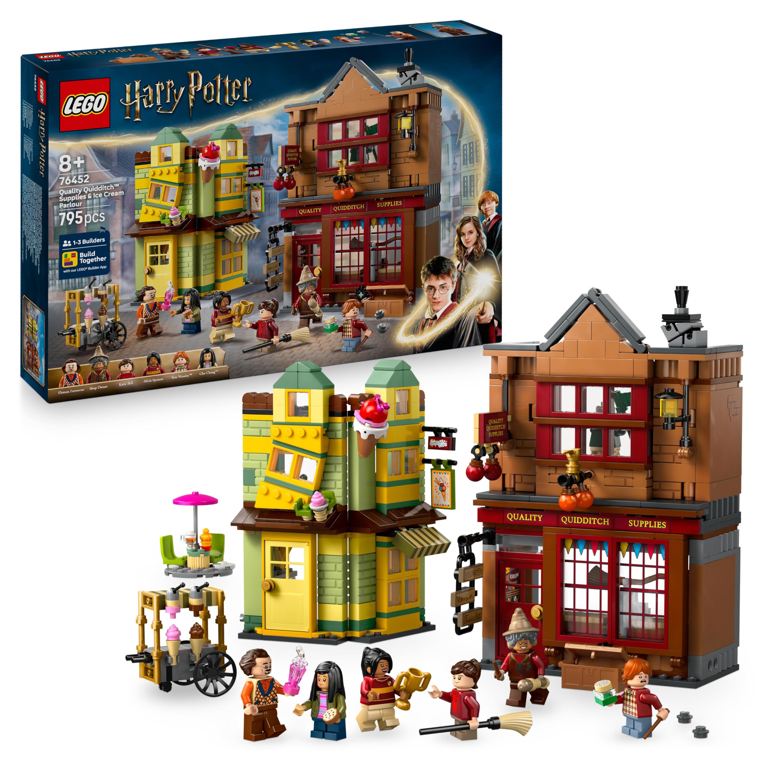LEGO Harry Potter Qualität für Quidditch & Fortescues Eissalon - Set mit 2 Winkelgasse Läden, 6 Minifiguren & Zubehör inkl. Nimbus 2000 Besen - Geschenk für Jungen & Mädchen ab 8 Jahren - 76452