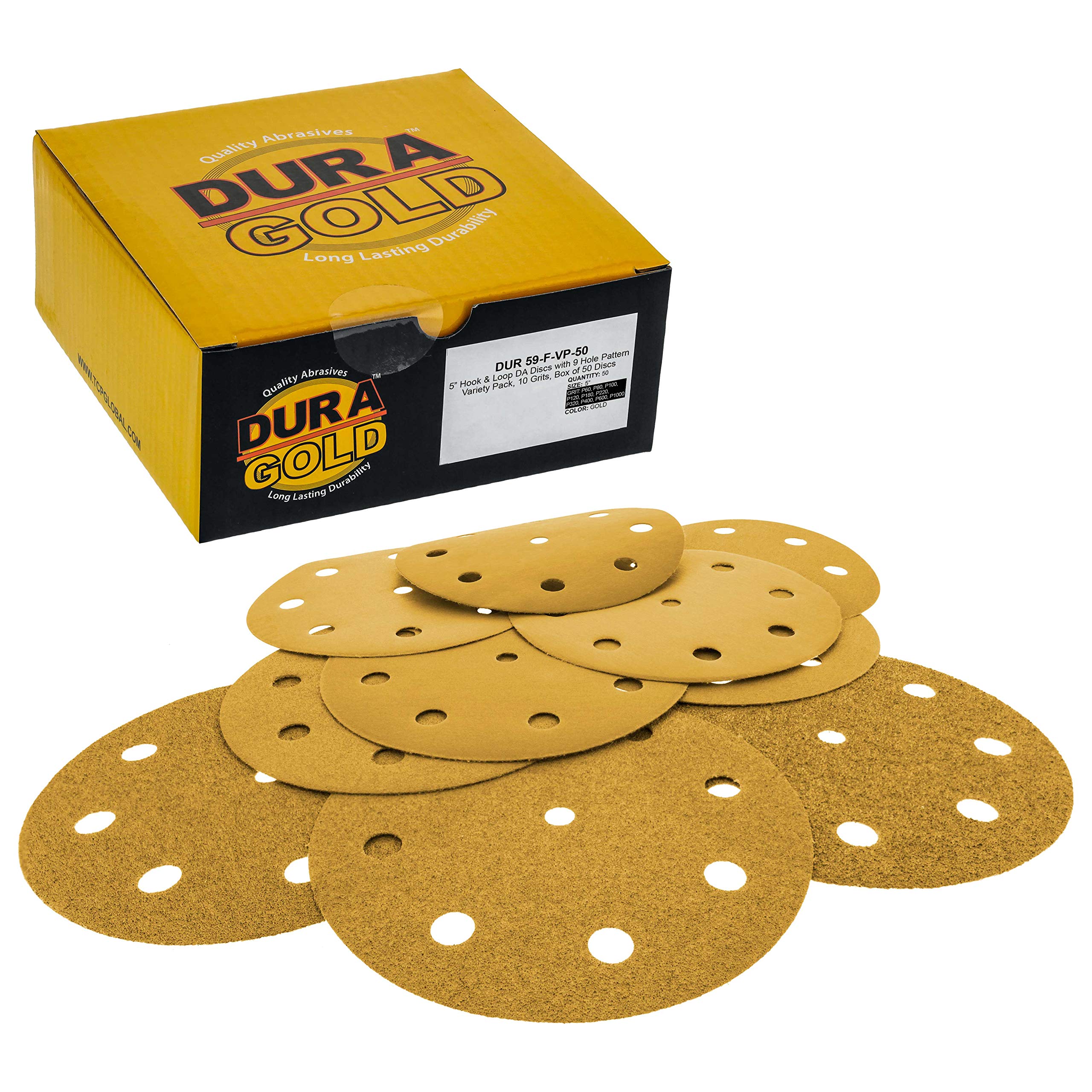 Dura-Gold Premium 5" Gold Hook & Loop 9 Hole Pattern Sanding Discs Variety Pack Box - 60, 80, 100, 120, 180, 220, 320, 400, 600, and 1000 Grit (5 Discs Each, 50 Total) - Automotive, Woodworking