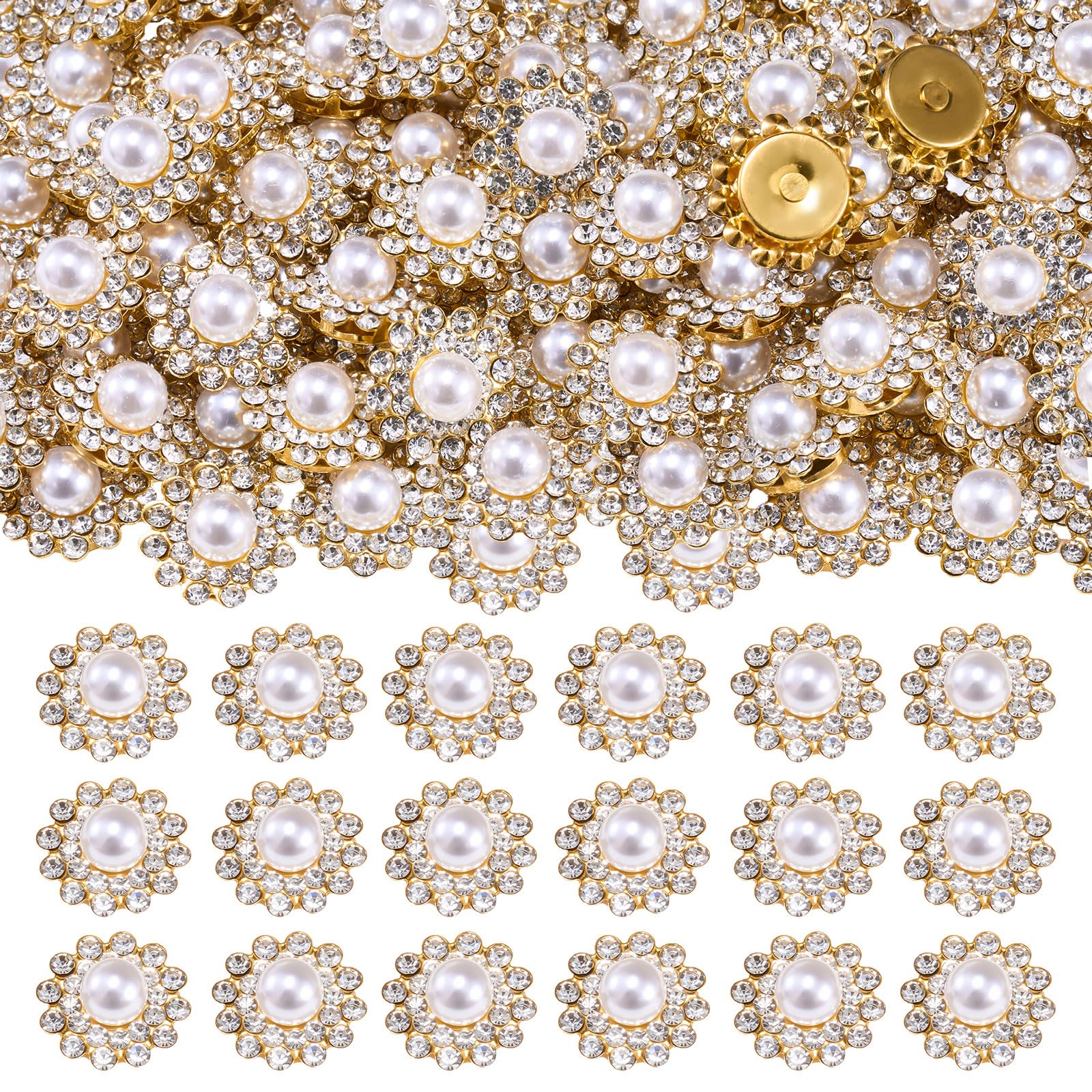 Photo 1 of 150Pcs 14mm Sew on Pearls Rhinestones Sunflower Flower Claw Rhinestones Crystal Glass Flatback Gold Base Glass Sew on Clothes Wedding Dresses Decoration Crafts(Pearl)