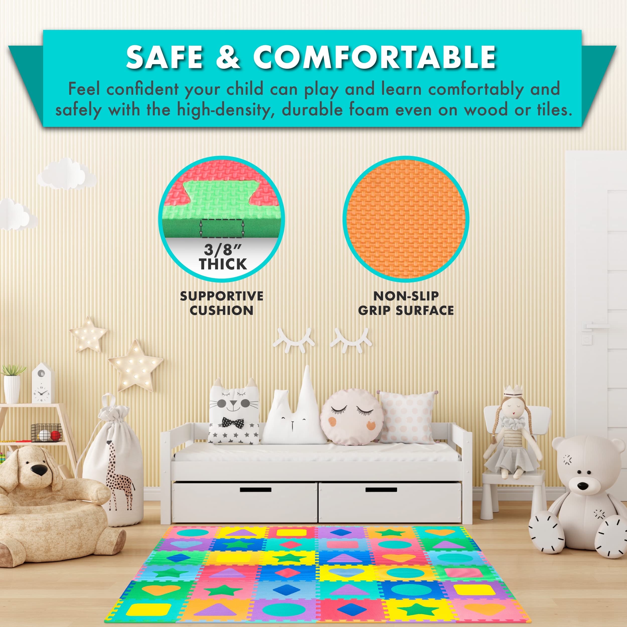 ProSource Kids Puzzle Alphabet, Numbers, 36 Tiles and Edges Play Mat, 12