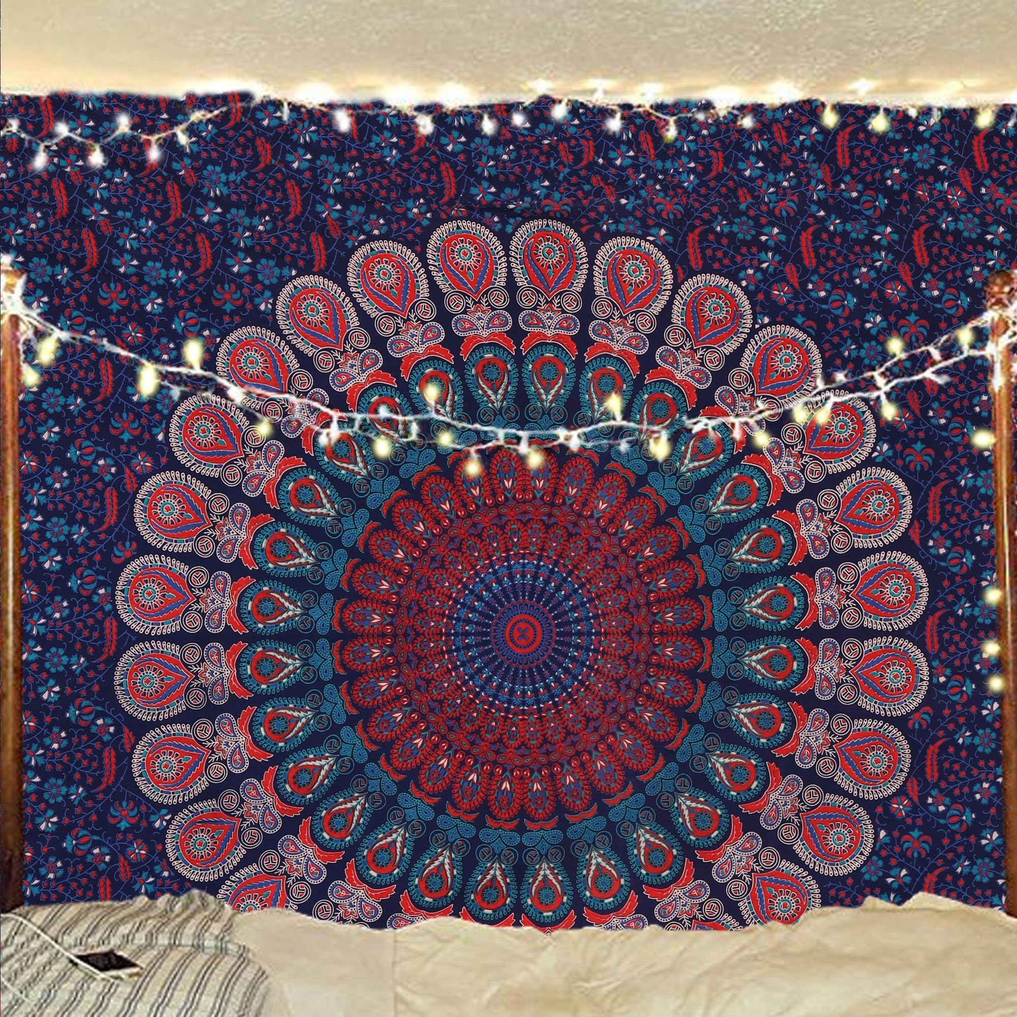 Bless International Handmade Indian hippie Bohemian Psychedelic Peacock Mandala Wall hanging College Dorm Beach Throws Table Cloth Bedding Tapestry (Midnight Blue, Medium(54x60Inches)(137x152cms)) — image 1