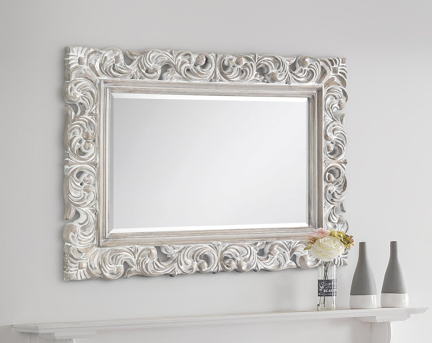 Julian Bowen Baroque Distressed Wall Mirror - Glass / Antique White Mirrors, 113L x 4W cm - Image 3