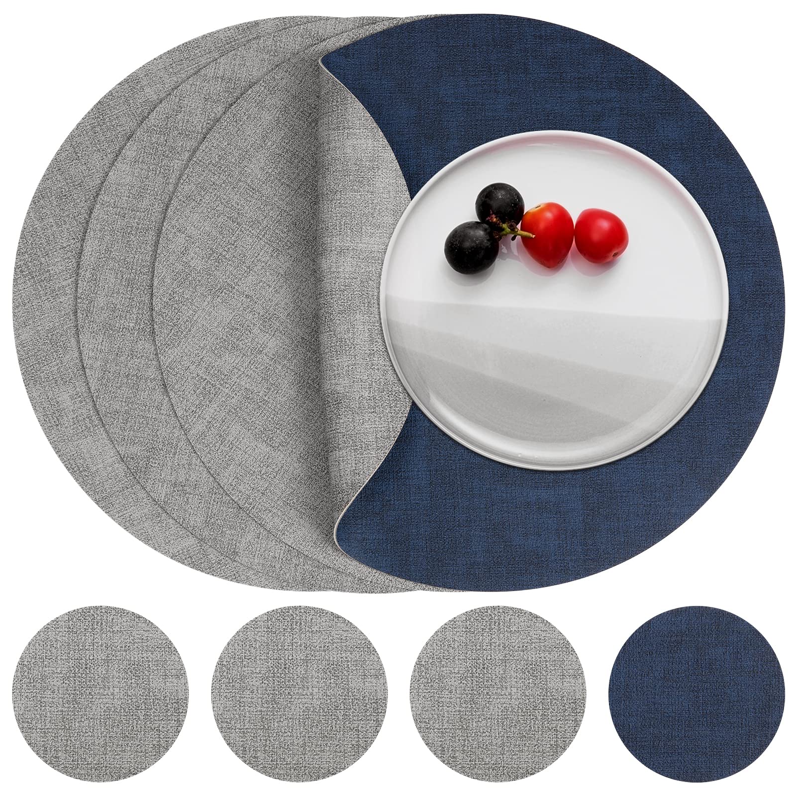 Myir JUN Leather Placemats and Coaster Set of 4, Table Mats Round Waterproof Dual Sided Kitchen Place Mats Coffee Mats Heat Resistant Placemat Non-Slip Washable (set of 4, Gray Blue)