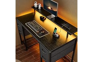 Huuger 47 inch Computer Desk with 4 Drawers, Gaming Desk with LED Lights & Power Outlets, Home Office Desk with Large Storage Space for Bedroom, Work from Home, Black