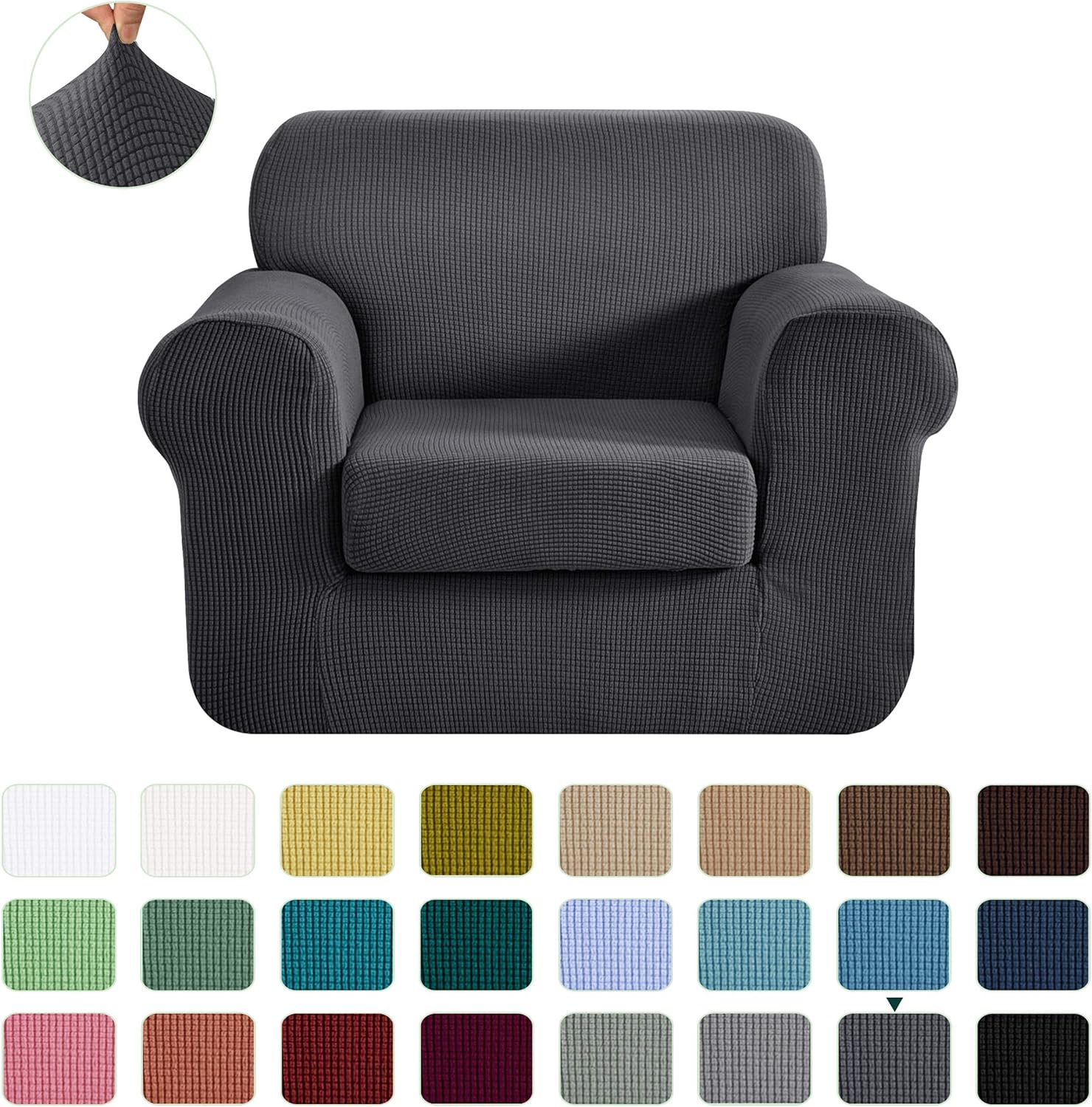 CHUN YI Stretch Chair Sofa Slipcover 2-Piece Couch Cover Furniture Protector, 1 Seater Coat Soft with Elastic Bottom, Checks Spandex Jacquard Fabric, Small, Gray: Home & Kitchen
