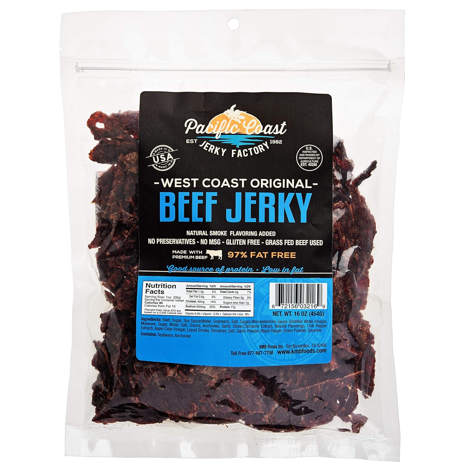 1 Pound Pacific Coast Jerky Factory Grass Fed Gluten Free Premium Beef Jerky Original Flavor 1 Pound Bag No Preservatives No Msg Made With Usda Inspected Premium Grass Fed Beef 97 Fat Free Amazon Com