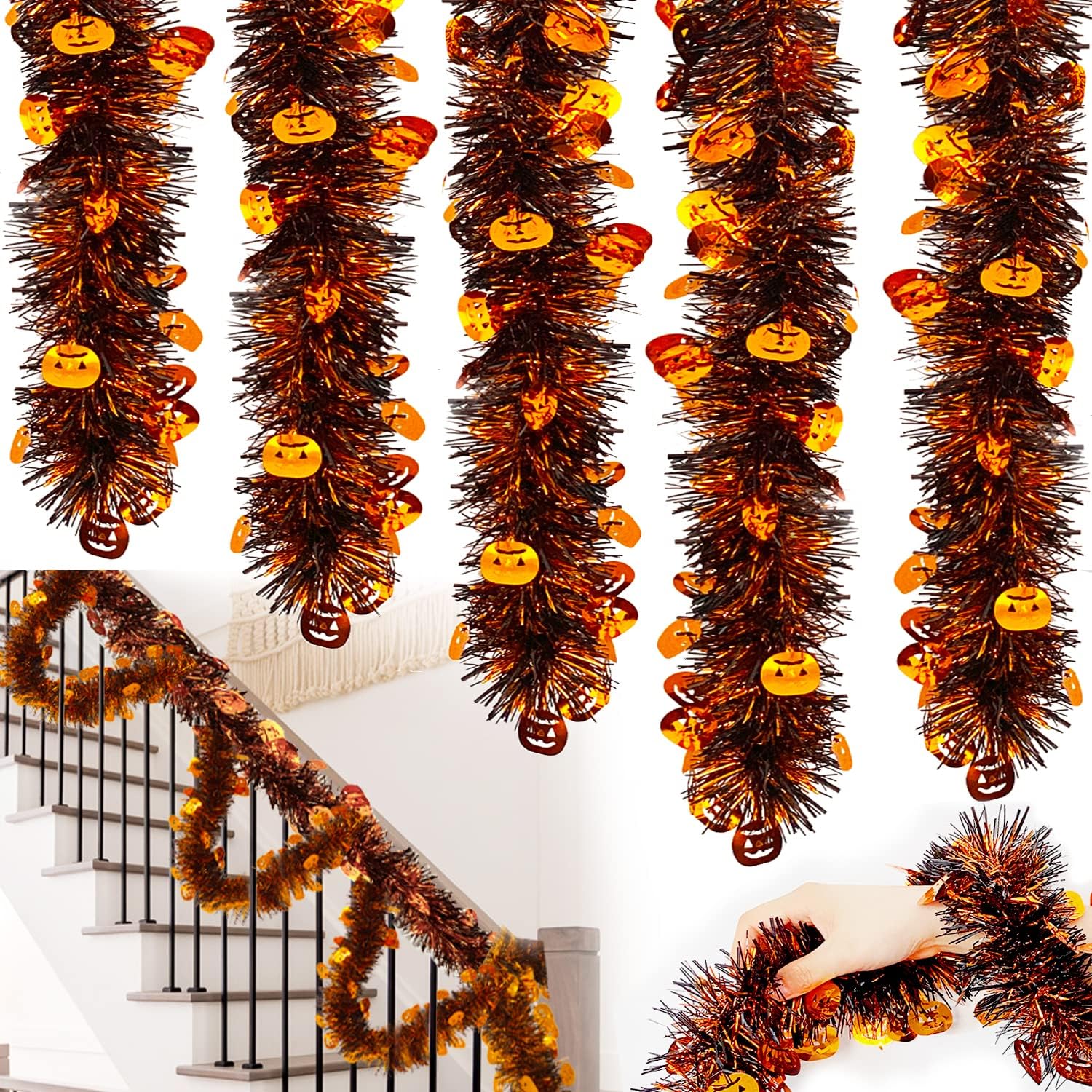 Wreaths, Garlands & Swags - Halloween Tinsel Garland,50 Feet Black and Orange Shiny Garland,Metallic Tinsel Twist Garland for Halloween Party,Indoor and Outdoor Home Decor,Hanging Decorations