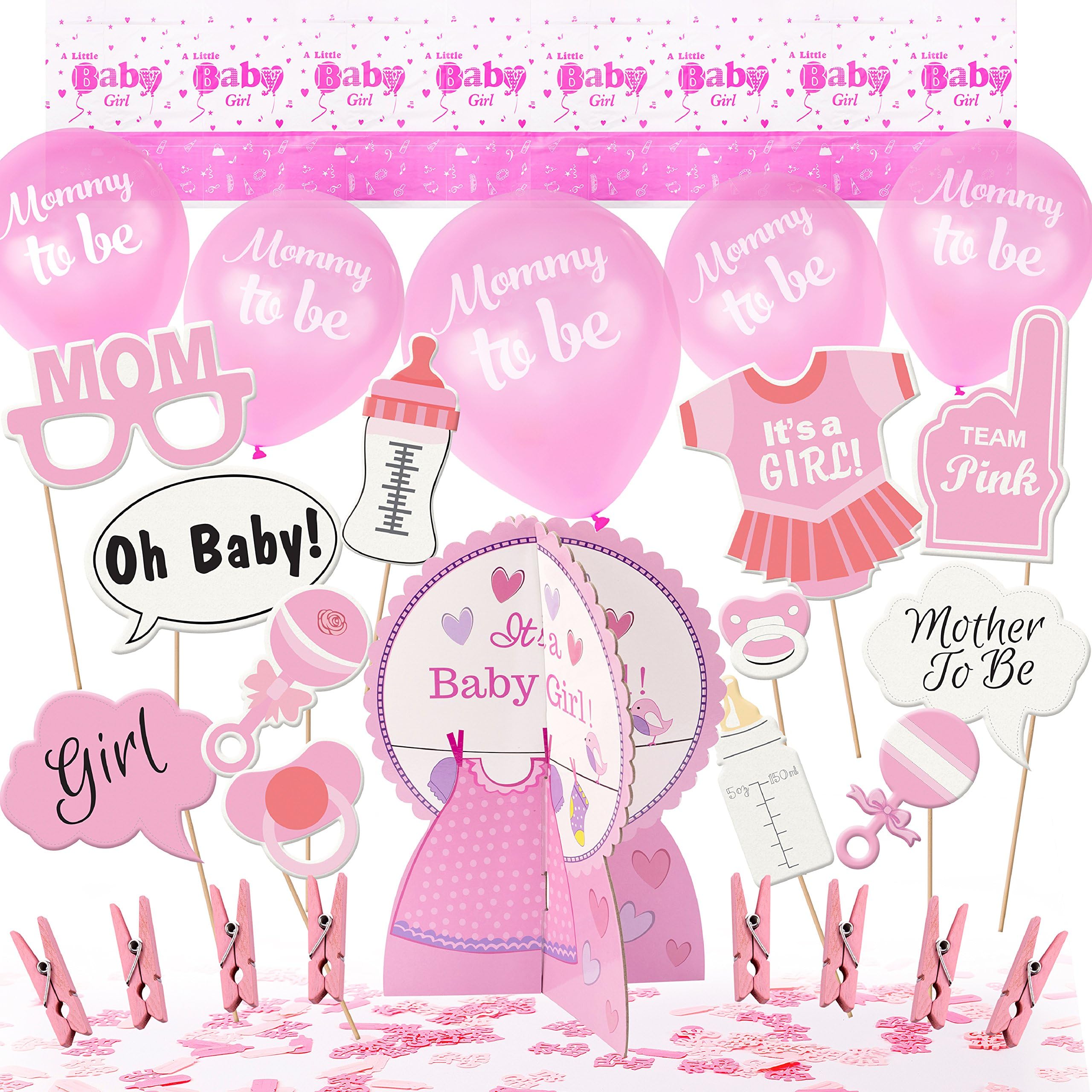 ARTIT Baby Shower Girl Pink Decorations Set Party Decor Supplies Bundle Favors - It's a Baby Girl 3D Table Centerpiece, Tablecloth, Photo Booth Props, Balloons, Confetti and Clothes Pins