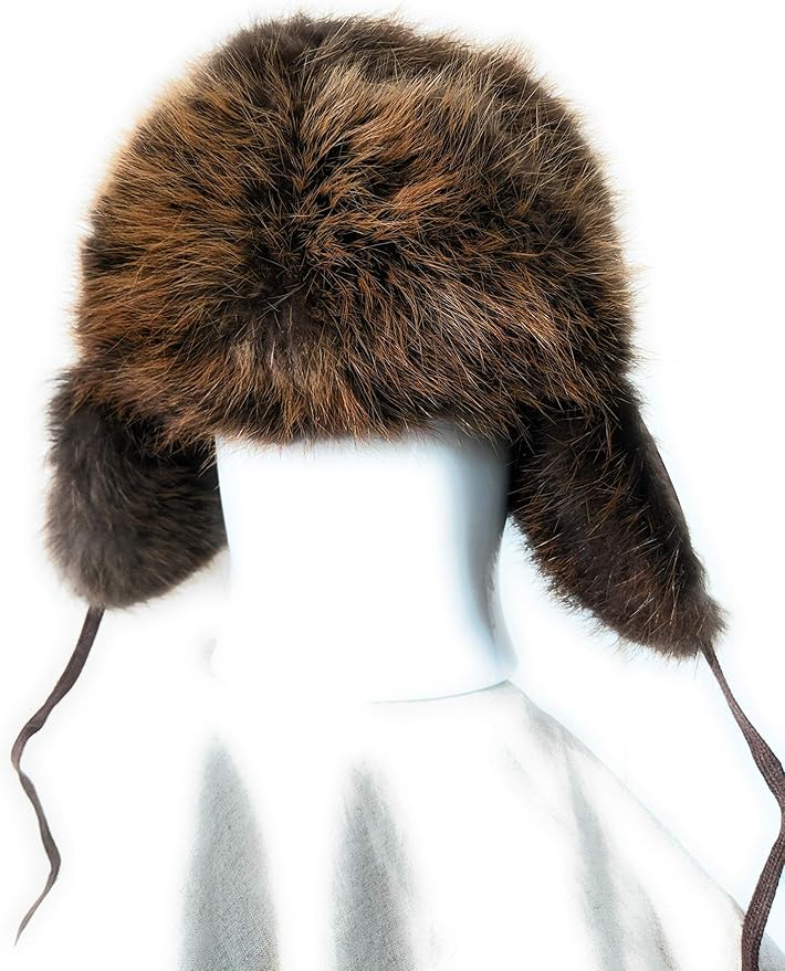 Fourrure Jackalope Trapper Hat for Winter, Real Beaver Fur, Leather (One Size Fits All) Dark