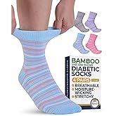 Pembrook Ankle Diabetic Socks for Women & Men - 4 Pairs Stripes (Gray, Purple, Pink, Light Blue) Moisture-Wicking, Wide Top, Quarter Non Binding Socks