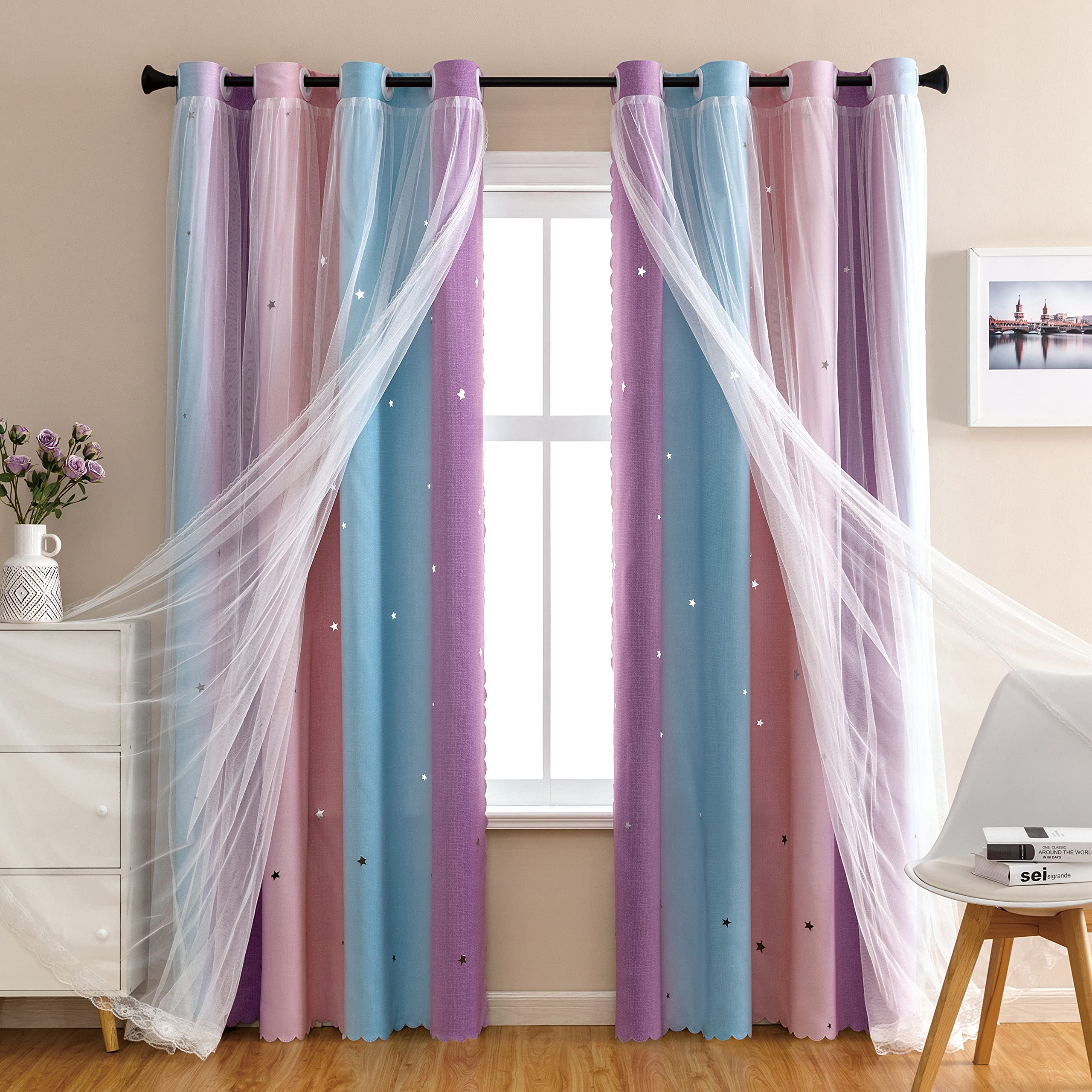 Photo 1 of XiDi Girls Curtains for Bedroom, Purple Rainbow Blackout Curtains fo Kids Room Decor, Princess Unicorn Wall Decals Pink 63 Inches Long 34 Wide 1 Panel