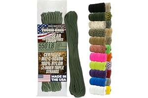 TOUGH-GRID 550 Paracord Rope Nylon Parachute Cord, Made in USA Survival Kit, Outdoor Adventures, Camping, Tactical Gear & Emergency Supplies, Military Type III Mil-Spec