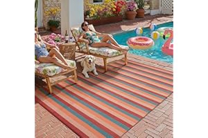 PureCozy Outdoor Waterproof Patio Rug 5x8 Plastic Straw Reversible Outside Orange Red Colorful Stripe Carpet Lightweight Larg