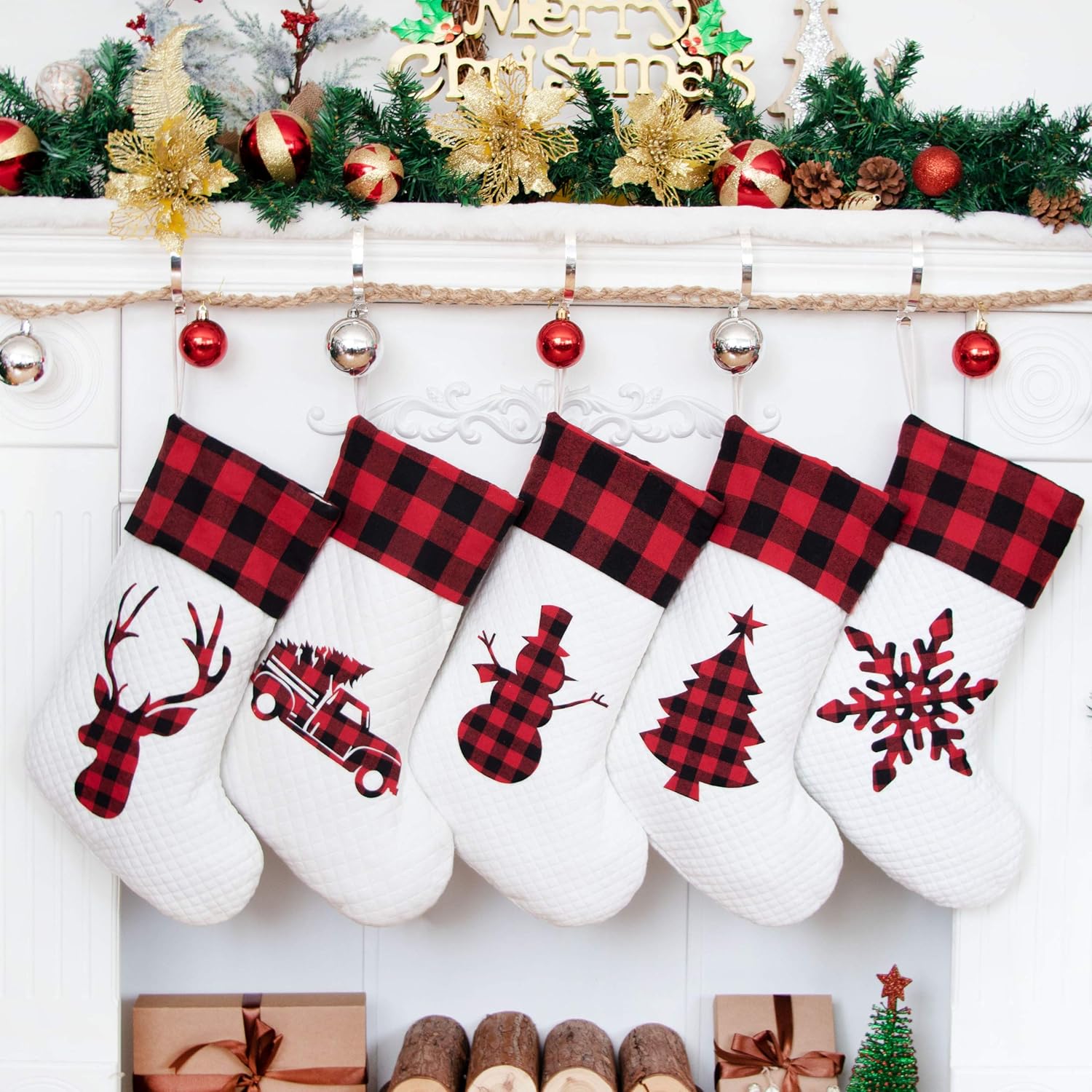 Stockings & Holders - LUBOT Set of 5 Christmas Stocking(20inch) Silhouette Buffalo Red Plaid/Rustic/Farmhouse/Country Cotton Fireplace Hanging Xmas Stockings Decorations for Family Holiday Season Decor