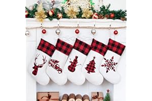 LUBOT Set of 5 Christmas Stocking(20inch) Silhouette Buffalo Red Plaid/Rustic/Farmhouse/Country Cotton Fireplace Hanging Xmas Stockings Decorations for Family Holiday Season Decor